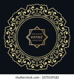 Golden frame template with label and Vintage sign. Decorative line art border, geometric round ornament, linear circular motif. Isolated design element, gold on black background. Elegant fashion lace