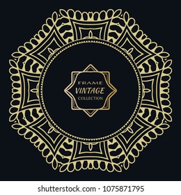 Golden frame template with label and Vintage sign. Decorative line art border, geometric round ornament, linear circular motif. Isolated design element, gold on black background. Elegant fashion lace