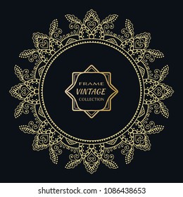 Golden frame template with label and Vintage sign. Decorative line art border, geometric round ornament, linear circular motif. Isolated design element, gold on black background. Elegant fashion lace