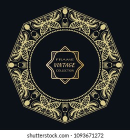 Golden frame template with label and Vintage sign. Decorative line art border, geometric round ornament, linear circular motif. Isolated design element, gold on black background. Elegant fashion lace