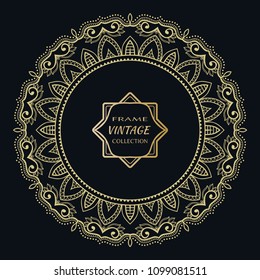 Golden frame template with label and Vintage sign. Decorative line art border, geometric round ornament, linear circular motif. Isolated design element, gold on black background. Elegant fashion lace
