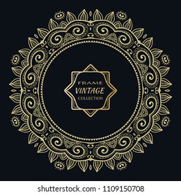 Golden frame template with label and Vintage sign. Decorative line art border, geometric round ornament, linear circular motif. Isolated design element, gold on black background. Elegant fashion lace