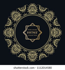 Golden frame template with label and Vintage sign. Decorative line art border, geometric round ornament, linear circular motif. Isolated design element, gold on black background. Elegant fashion lace