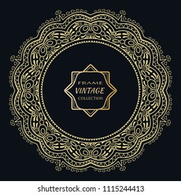 Golden frame template with label and Vintage sign. Decorative line art border, geometric round ornament, linear circular motif. Isolated design element, gold on black background. Elegant fashion lace