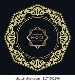 Golden frame template with label and Vintage sign. Decorative line art border, geometric round ornament, linear circular motif. Isolated design element, gold on black background. Elegant fashion lace