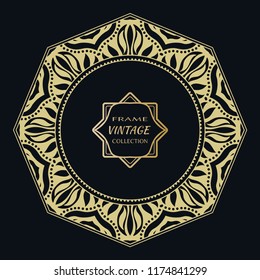 Golden frame template with label and Vintage sign. Decorative line art border, geometric round ornament, linear circular motif. Isolated design element, gold on black background. Elegant fashion lace