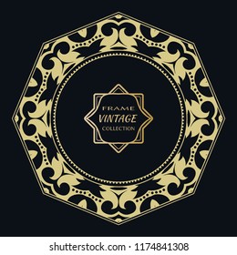 Golden frame template with label and Vintage sign. Decorative line art border, geometric round ornament, linear circular motif. Isolated design element, gold on black background. Elegant fashion lace