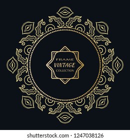 Golden frame template with label and Vintage sign. Decorative line art border, geometric round ornament, linear circular motif. Isolated design element, gold on black background. Elegant fashion lace