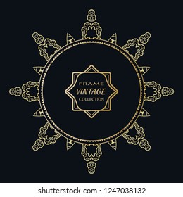 Golden frame template with label and Vintage sign. Decorative line art border, geometric round ornament, linear circular motif. Isolated design element, gold on black background. Elegant fashion lace