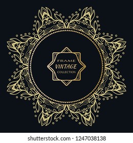 Golden frame template with label and Vintage sign. Decorative line art border, geometric round ornament, linear circular motif. Isolated design element, gold on black background. Elegant fashion lace