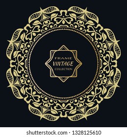 Golden frame template with label and Vintage sign. Decorative doodle art border, geometric round ornament, circular motif. Isolated design element, gold on black background. Elegant fashion lace
