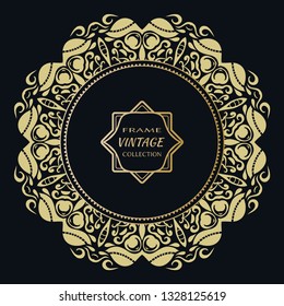 Golden frame template with label and Vintage sign. Decorative doodle art border, geometric round ornament, circular motif. Isolated design element, gold on black background. Elegant fashion lace