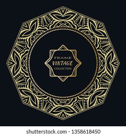 Golden frame template with label and Vintage sign. Decorative line art border, geometric round ornament, linear circular motif. Isolated design element, gold on black background. Elegant fashion lace