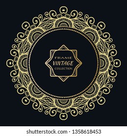 Golden frame template with label and Vintage sign. Decorative line art border, geometric round ornament, linear circular motif. Isolated design element, gold on black background. Elegant fashion lace