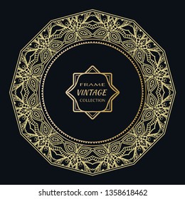 Golden frame template with label and Vintage sign. Decorative line art border, geometric round ornament, linear circular motif. Isolated design element, gold on black background. Elegant fashion lace