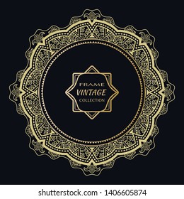 Golden frame template with label and Vintage sign. Decorative line art border, geometric round ornament, linear circular motif. Isolated design element, gold on black background. Elegant fashion lace