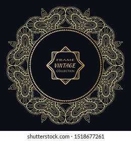Golden frame template with label and Vintage sign. Decorative line art border, geometric round ornament, linear circular motif. Isolated design element, gold on black background. Elegant fashion lace