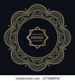 Golden frame template with label and Vintage sign. Decorative line art border, geometric round ornament, linear circular motif. Isolated design element, gold on black background. Elegant fashion lace