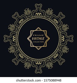 Golden frame template with label and Vintage sign. Decorative line art border, geometric round ornament, linear circular motif. Isolated design element, gold on black background. Elegant fashion lace