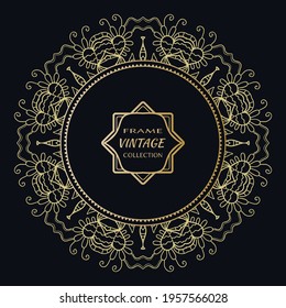 Golden frame template with label and Vintage sign. Decorative line art border, geometric round ornament, linear circular motif. Isolated design element, gold on black background. Elegant fashion lace