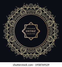 Golden frame template with label and Vintage sign. Decorative line art border, geometric round ornament, linear circular motif. Isolated design element, gold on black background. Elegant fashion lace
