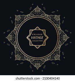 Golden frame template with label and Vintage sign. Decorative line art border, geometric round ornament, linear circular motif. Isolated design element, gold on black background. Elegant fashion lace
