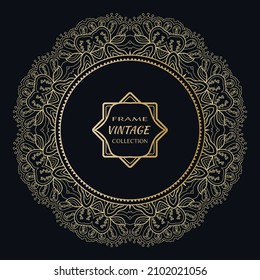 Golden frame template with label and Vintage sign. Decorative line art border, geometric round ornament, linear circular motif. Isolated design element, gold on black background. Elegant fashion lace