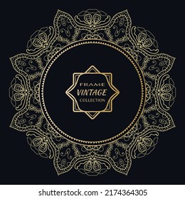 Plantilla de marco dorado con etiqueta y signo de época. Borde de arte de línea decorativa, ornamento redondo geométrico, motivo circular lineal. Elemento de diseño aislado, dorado sobre fondo negro. Elegante encaje de moda