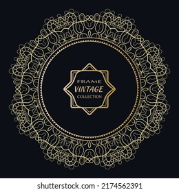 Golden frame template with label and Vintage sign. Decorative line art border, geometric round ornament, linear circular motif. Isolated design element, gold on black background. Elegant fashion lace