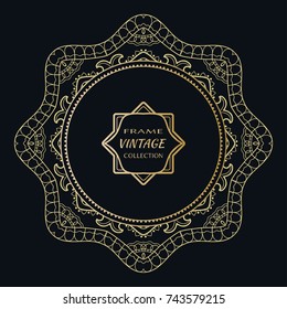 Golden frame template with label and Vintage sign. Decorative line art border, geometric round ornament, linear circular motif. Isolated design element, gold on black background. Elegant fashion lace