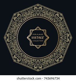 Golden frame template with label and Vintage sign. Decorative line art border, geometric round ornament, linear circular motif. Isolated design element, gold on black background. Elegant fashion lace