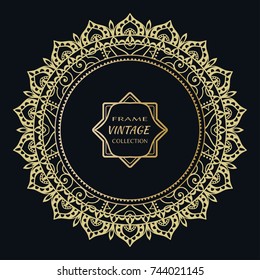 Golden frame template with label and Vintage sign. Decorative line art border, geometric round ornament, linear circular motif. Isolated design element, gold on black background. Elegant fashion lace
