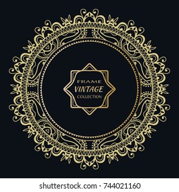 Golden frame template with label and Vintage sign. Decorative line art border, geometric round ornament, linear circular motif. Isolated design element, gold on black background. Elegant fashion lace