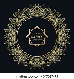 Golden frame template with label and Vintage sign. Decorative line art border, geometric round ornament, linear circular motif. Isolated design element, gold on black background. Elegant fashion lace