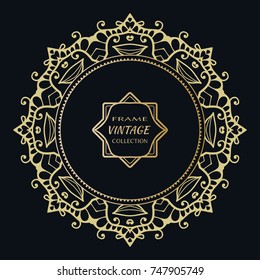 Golden frame template with label and Vintage sign. Decorative line art border, geometric round ornament, linear circular motif. Isolated design element, gold on black background. Elegant fashion lace