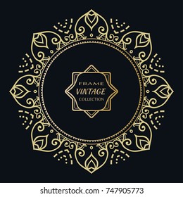 Golden frame template with label and Vintage sign. Decorative line art border, geometric round ornament, linear circular motif. Isolated design element, gold on black background. Elegant fashion lace