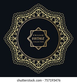 Golden frame template with label and Vintage sign. Decorative line art border, geometric round ornament, linear circular motif. Isolated design element, gold on black background. Elegant fashion lace