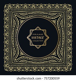 Golden frame template with label and Vintage sign. Decorative line art border, geometric round ornament, linear square motif. Isolated design element, gold on black background. Elegant fashion lace