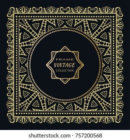 Golden frame template with label and Vintage sign. Decorative line art border, geometric round ornament, linear square motif. Isolated design element, gold on black background. Elegant fashion lace
