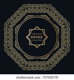 Golden frame template with label and Vintage sign. Decorative line art border, geometric round ornament, linear circular motif. Isolated design element, gold on black background. Elegant fashion lace