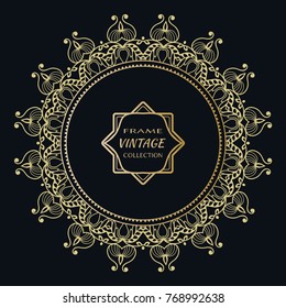 Golden frame template with label and Vintage sign. Decorative line art border, geometric round ornament, linear circular motif. Isolated design element, gold on black background. Elegant fashion lace