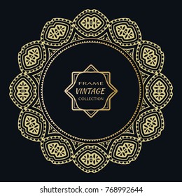 Golden frame template with label and Vintage sign. Decorative line art border, geometric round ornament, linear circular motif. Isolated design element, gold on black background. Elegant fashion lace