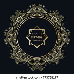Golden frame template with label and Vintage sign. Decorative line art border, geometric round ornament, linear circular motif. Isolated design element, gold on black background. Elegant fashion lace