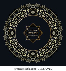 Golden frame template with label and Vintage sign. Decorative line art border, geometric round ornament, linear circular motif. Isolated design element, gold on black background. Elegant fashion lace