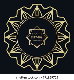 Golden frame template with label and Vintage sign. Decorative line art border, geometric round ornament, linear circular motif. Isolated design element, gold on black background. Elegant fashion lace