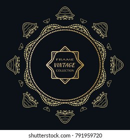 Golden frame template with label and Vintage sign. Decorative line art border, geometric round ornament, linear circular motif. Isolated design element, gold on black background. Elegant fashion lace