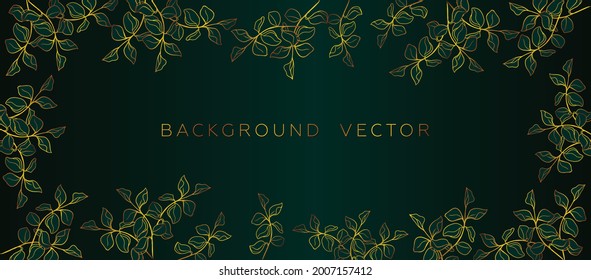 Golden frame template from realistic branches with leaves. Botanical illustration of nature in a frame. Silhouette, contour, minimalism, gold embossing. Design for prints, banner, wall