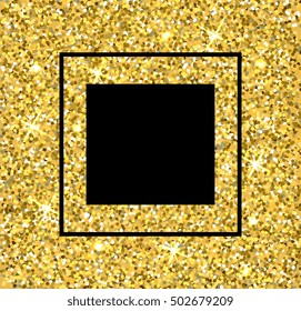 Golden frame for text. Gold texture background. Vector shimmer glitter. Glamour concept for vip invitation card, branding, black friday sale, voucher. Glittering vibrant effect. Yellow, black, white