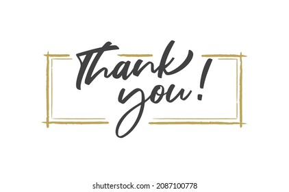Golden frame with text thank you. Thankful calligraphy design. Hand drawn style quote.
