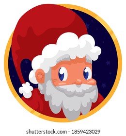 Golden frame with traditional Santa Claus character, with cute expression in a starry night of Christmas season.